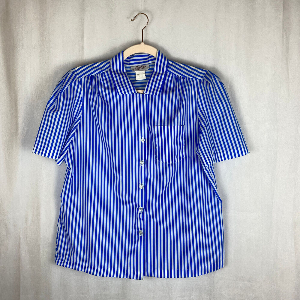 Vtg 70s 80s Button Top Sz 16 Jillian Short Sleeve Striped Blue White Polyester